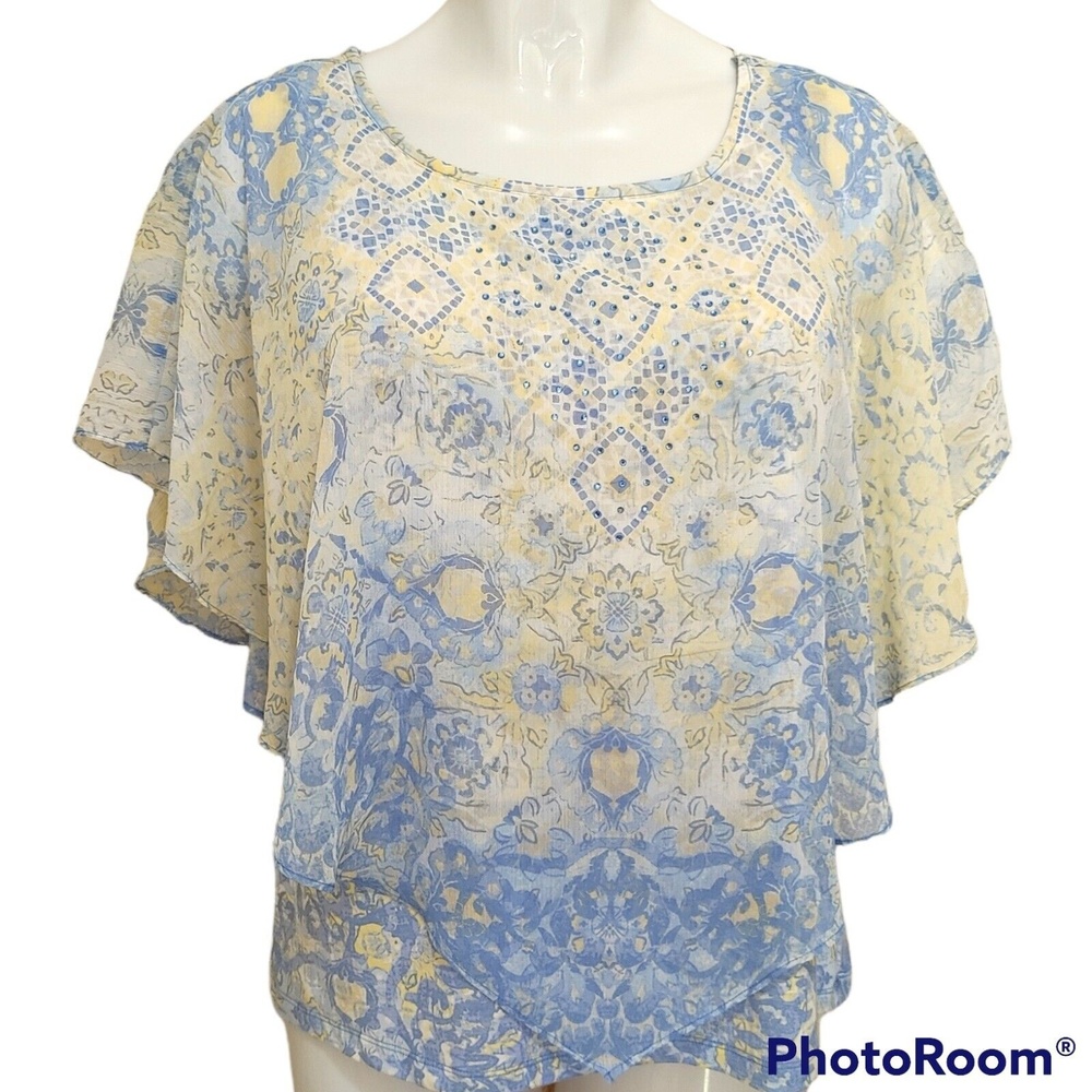 Hearts of Palm Womens Chiffon Layer Blouse Size M Blue Yellow Sequin Flo…
